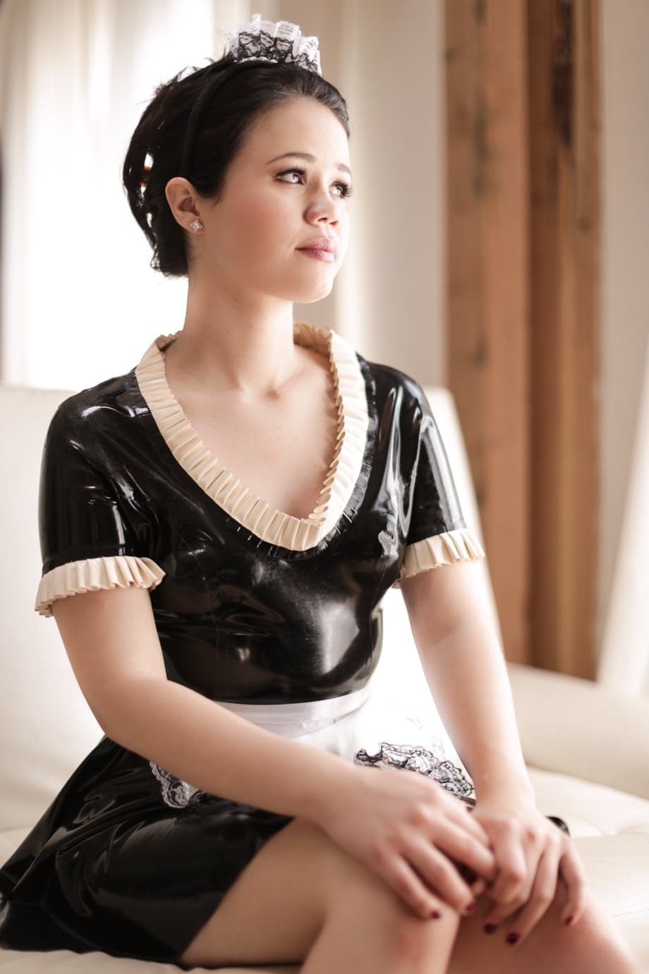 Yhivi's French maid outfit teasingly slides away exposing everything in open window - 1