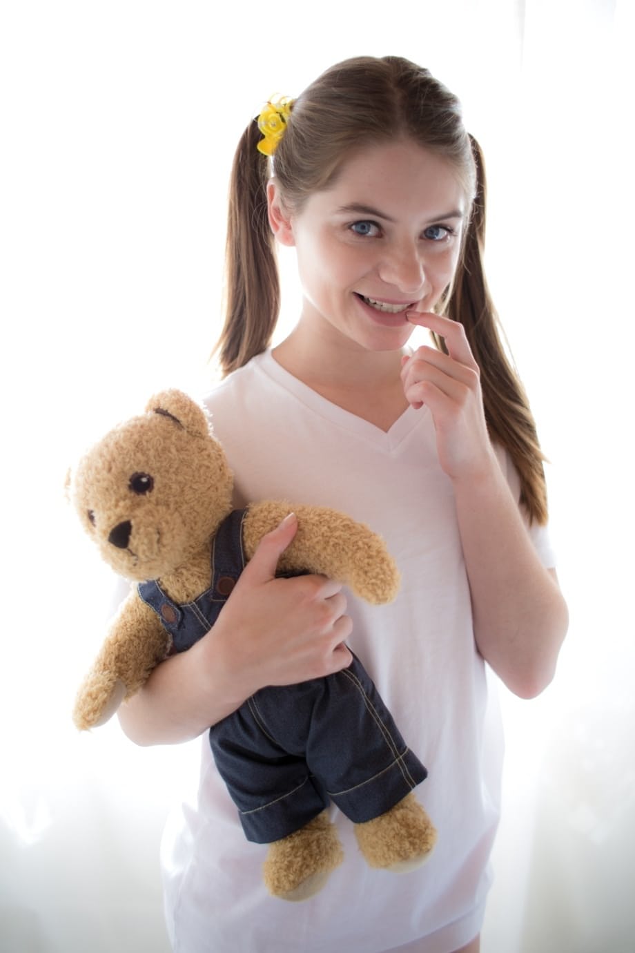 Sweet young Alice March spreads in knee socks with teddy bear pleasures to watch - 2