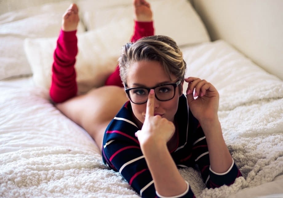 Sabrina Nichole masturbating in her bedroom while squeezing those massive tits wearing glasses - 11