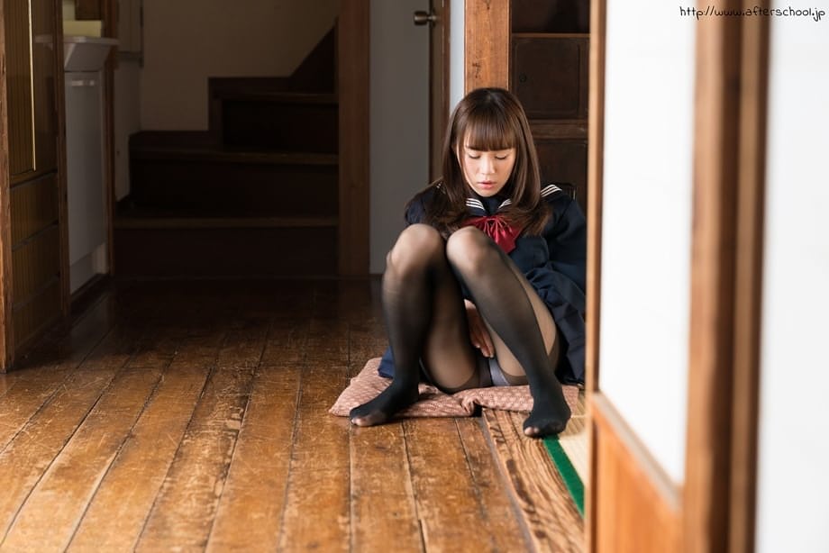 Yuzu's young Asian schoolgirl spreads black pantyhose exposing her dripping eager pussy - 2