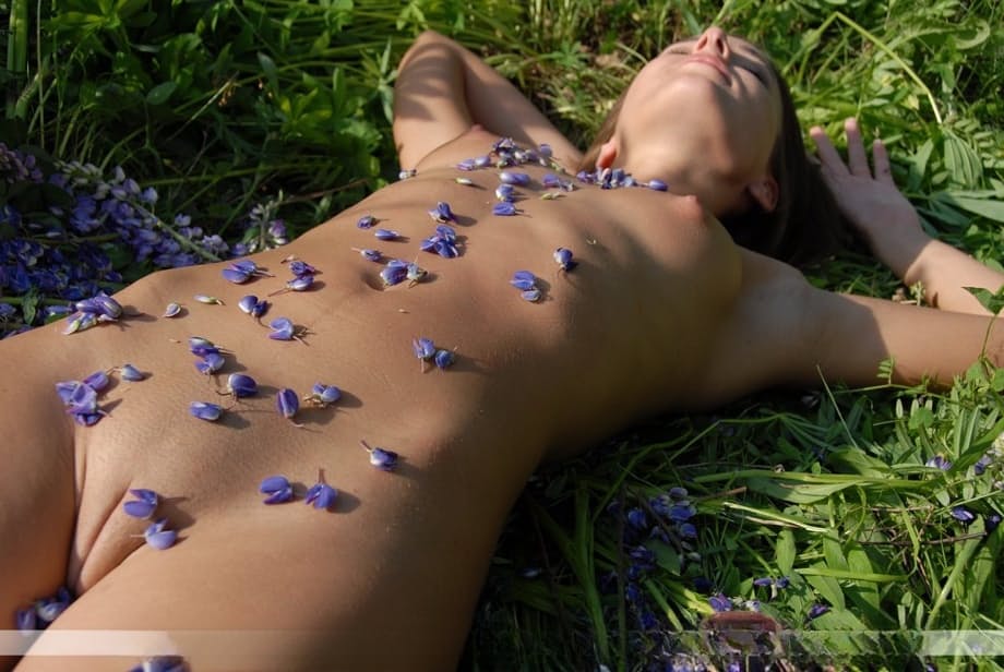 Naked youth Nikki D proudly displays her nude beauty dappled with soft wildflower petals - 15