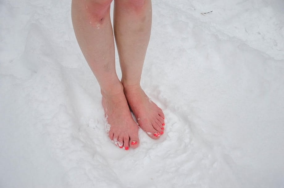 Bound Claudia Dark naked in snow, her saggy tits and bare feet exposed helplessly - 15