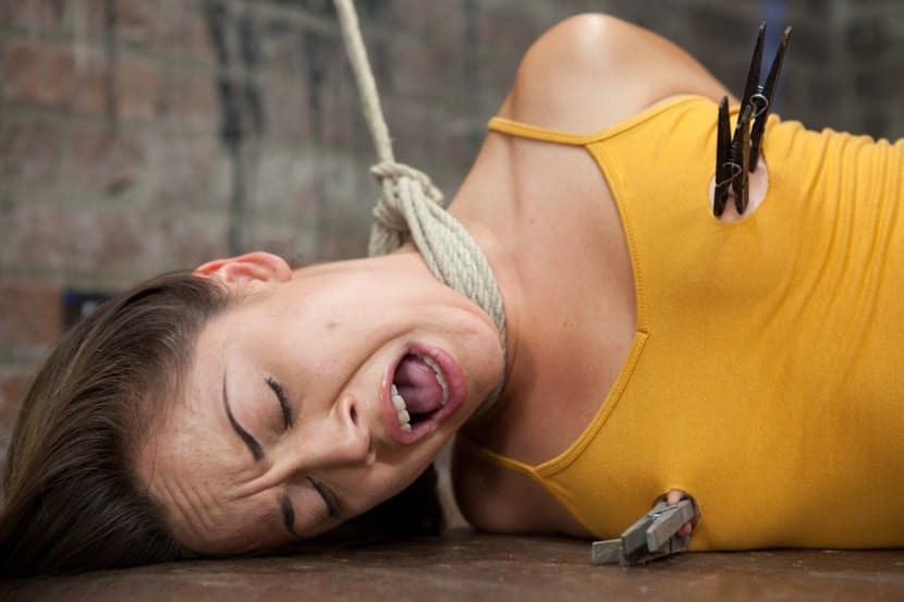 Kristina Rose bound tight with rope and ball gagged - 1