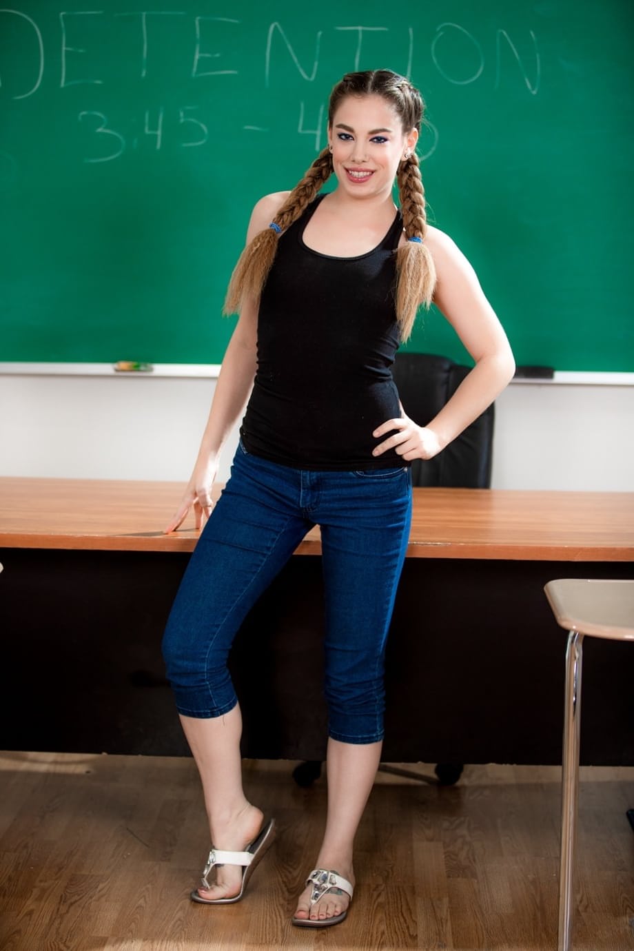 Bobbi Dylan strips completely bare atop her teacher desk - 2