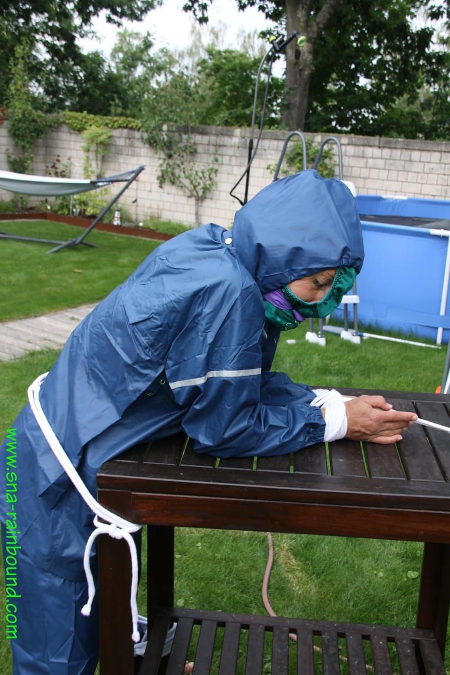 Rain, tormentata sottomessa caucasica imbavagliata con mutandine bagnate sul tavolo in giardino - 12