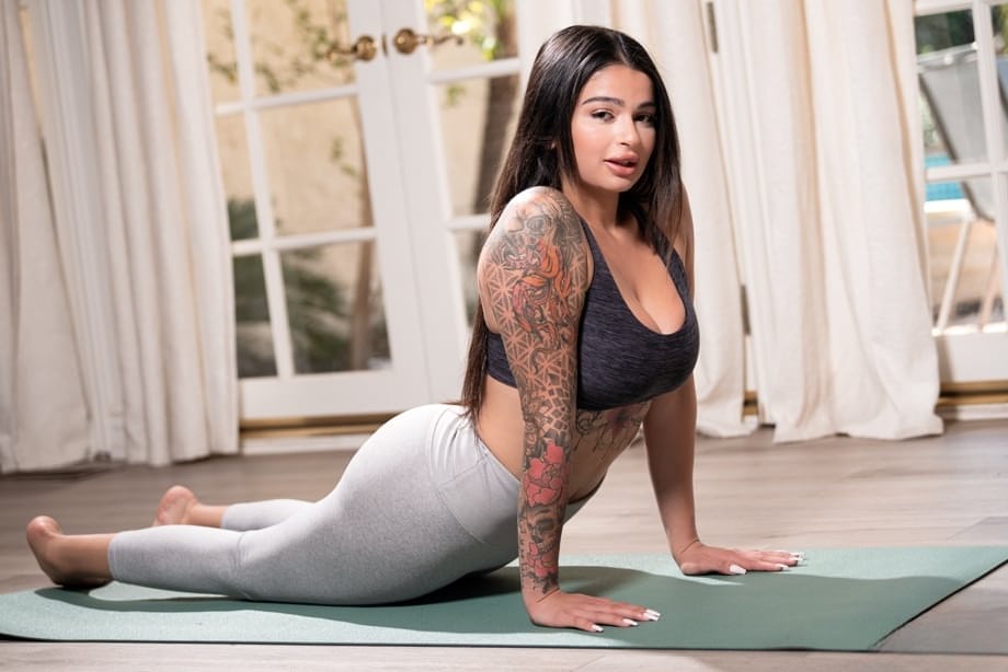 Violet Myers and two curvy women bend over doing explicit yoga in tiny workout outfits - 10