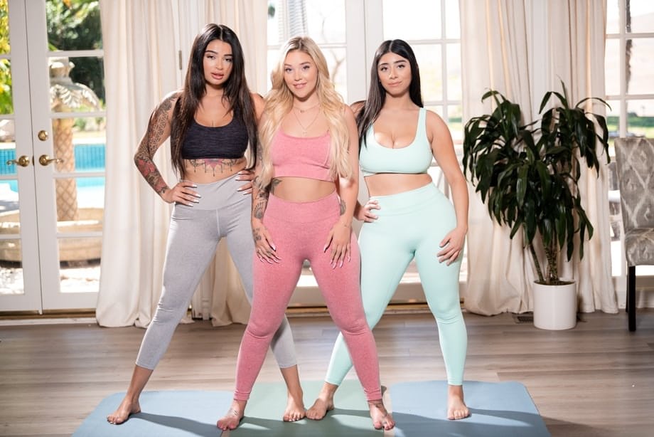 Violet Myers and two curvy women bend over doing explicit yoga in tiny workout outfits - 14