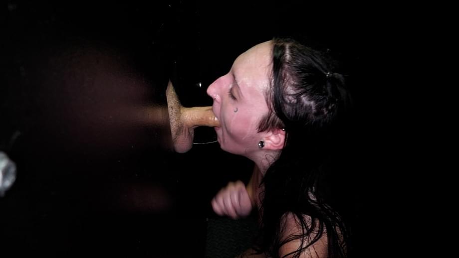 Brunette chick Raven Vice fills her mouth with sperm at a gloryhole
