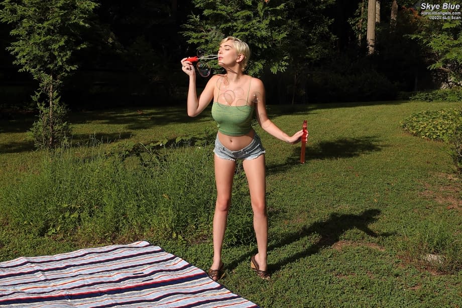La magnifique Skye Blue plonge son poing et des sextoys dans sa chatte rasée en plein air - 1
