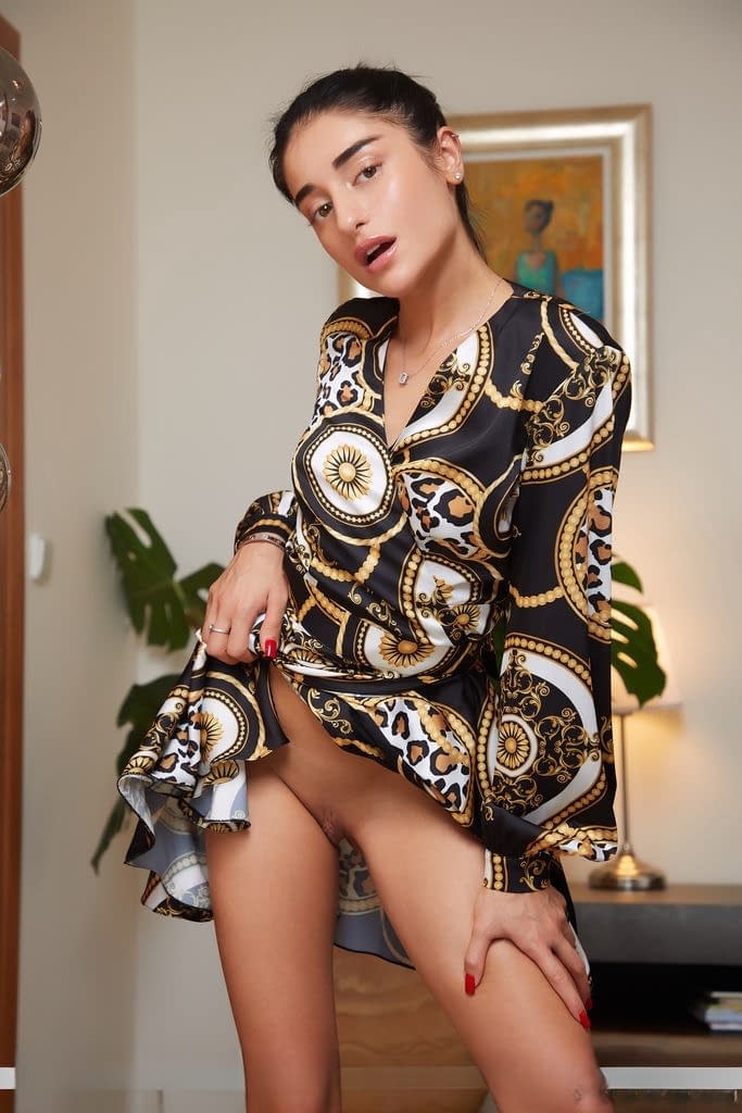 La sensuale brunette Ara Mix rivela ogni curva nuda sull'ottomano - 3