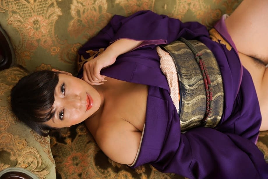 Ryoko Murakami teases her huge hairy tits and pussy out of kimono - 15