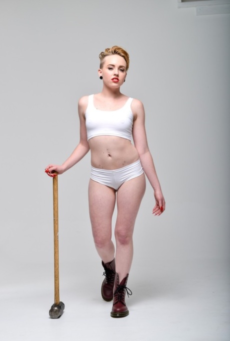 Miley May strips her white panties flashing pierced tongue - 5