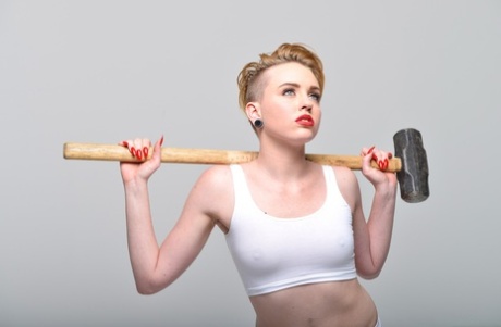Miley May strips her white panties flashing pierced tongue - 10