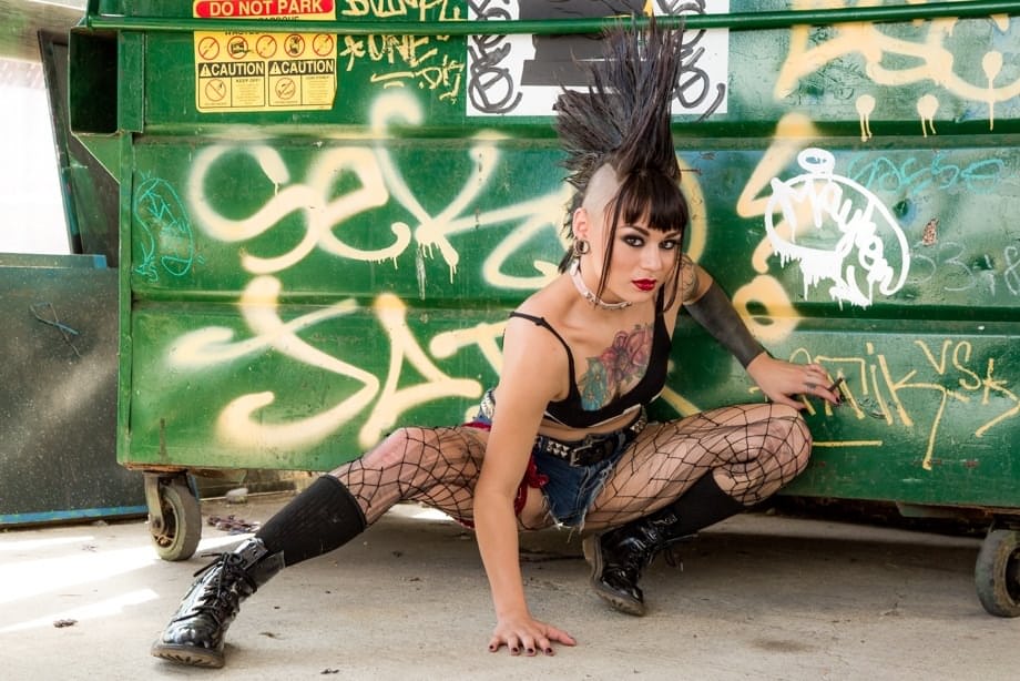 Tattooed punk rocker Amelia Dire seductively strips and flaunts her shaved naked body with bold Mohawk hair - 2