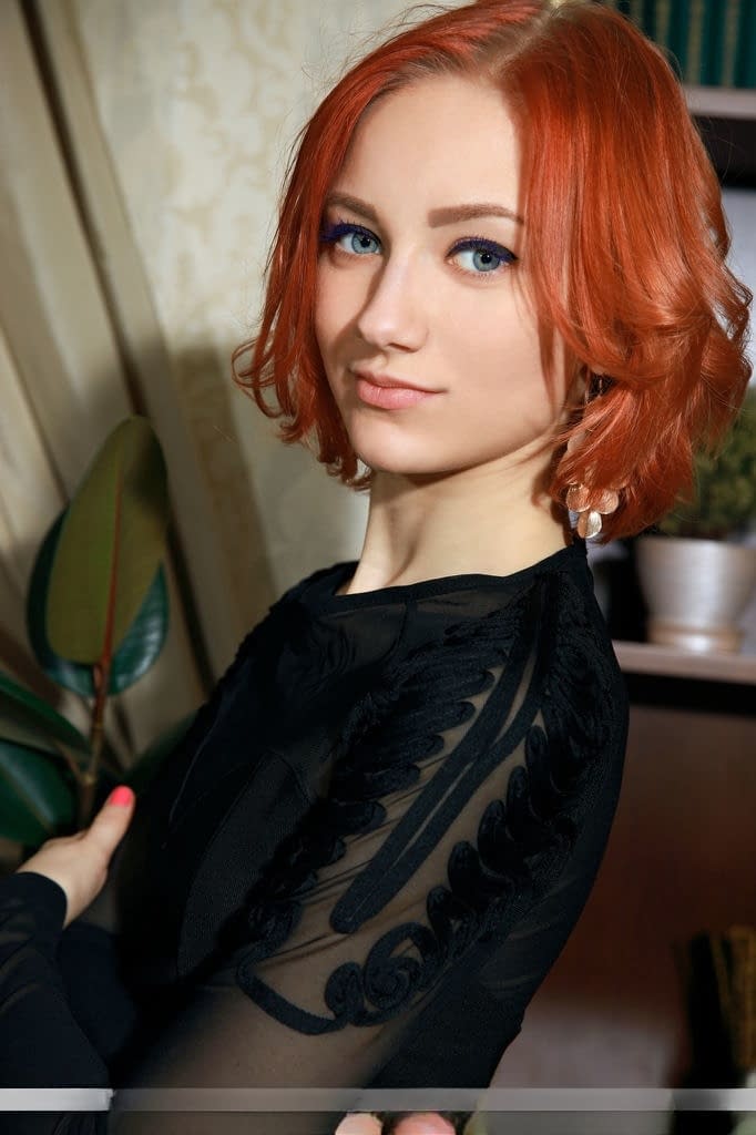 Skinny redhead babe Anastasia Azul revealing tiny teen tits for glam photos