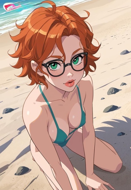 Redheaded AI generated solo girl models swimwear at the beach in her glasses