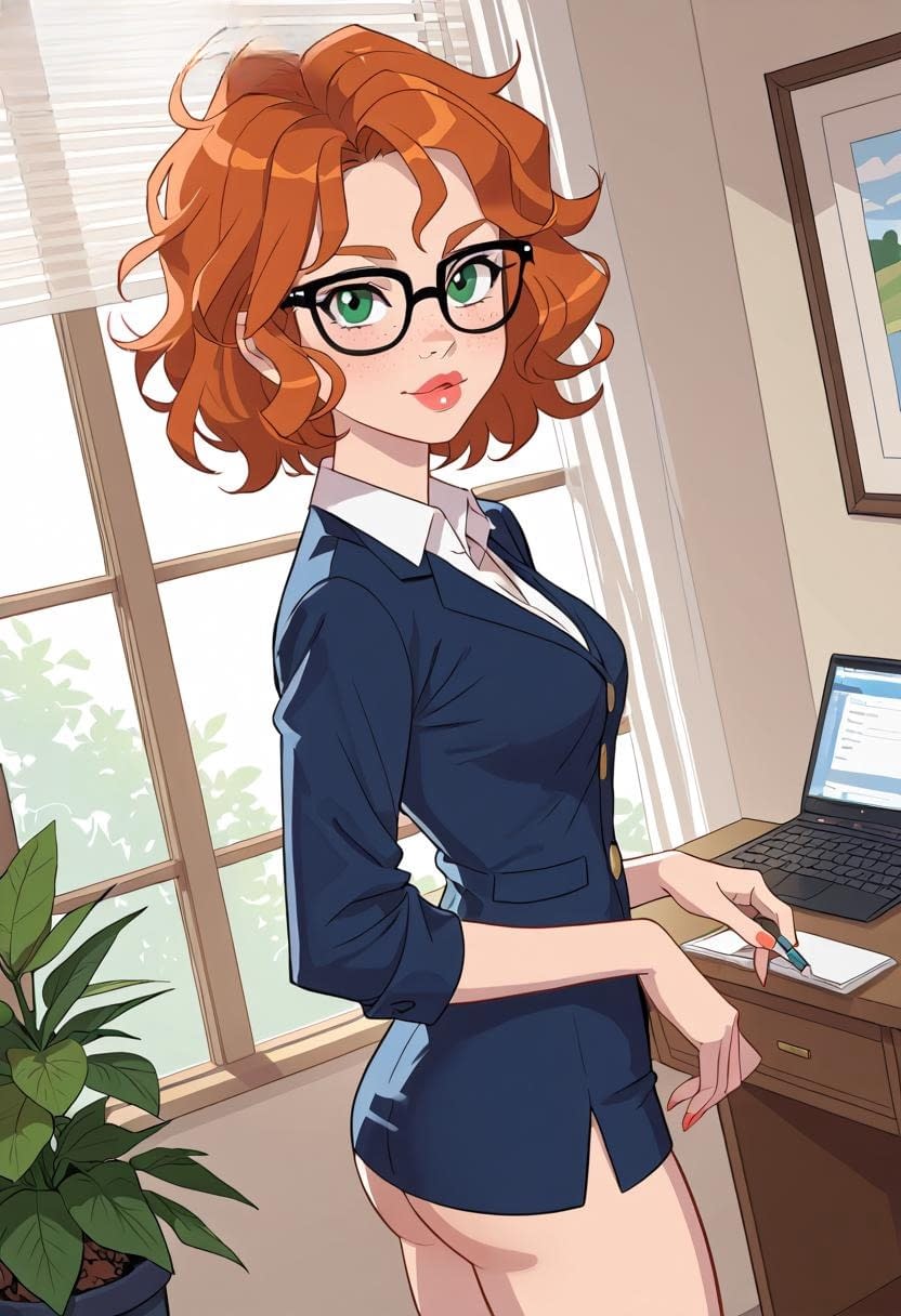 AI generated redheaded hentai girl goes nude in a home office environment