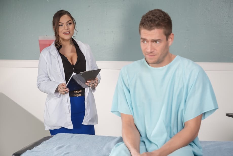 Karmen Karma's Curvy Inked Doctor Seductively Rides Patient Dick and Swallows Load - 6