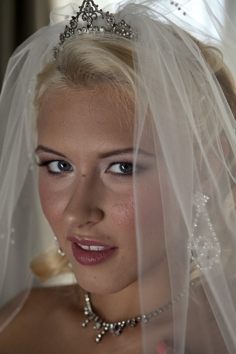 Busty blonde bride Katie Summers strips her wedding gown revealing perky breasts in sexy sheer lingerie - 14