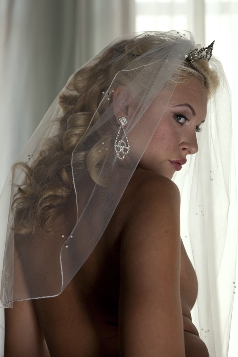 Busty blonde bride Katie Summers strips her wedding gown revealing perky breasts in sexy sheer lingerie - 18
