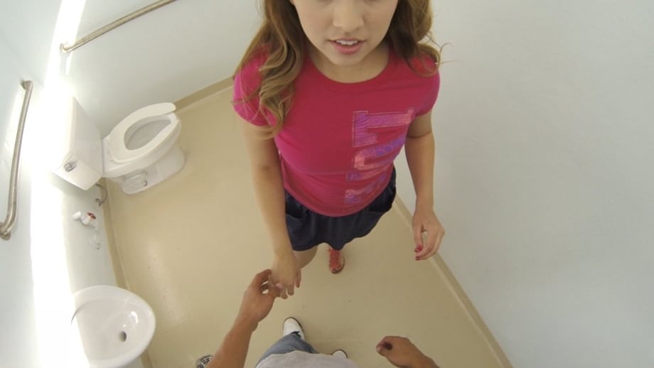 Cute young Courtney Loxx shows her tiny ass while getting a POV bathroom bang