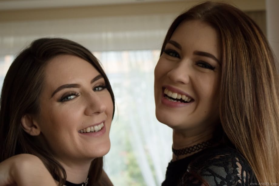 Misha Cross & Samantha Bentley tease in black lingerie, exposing luscious curves as they cuddle and playfully flash their steamy asses - 1