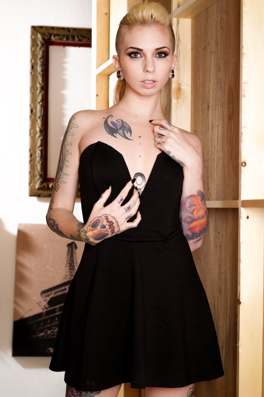 Seductive Sierra Cure teases in heels slowly peeling away black lace to bare flawless inked skin - 1