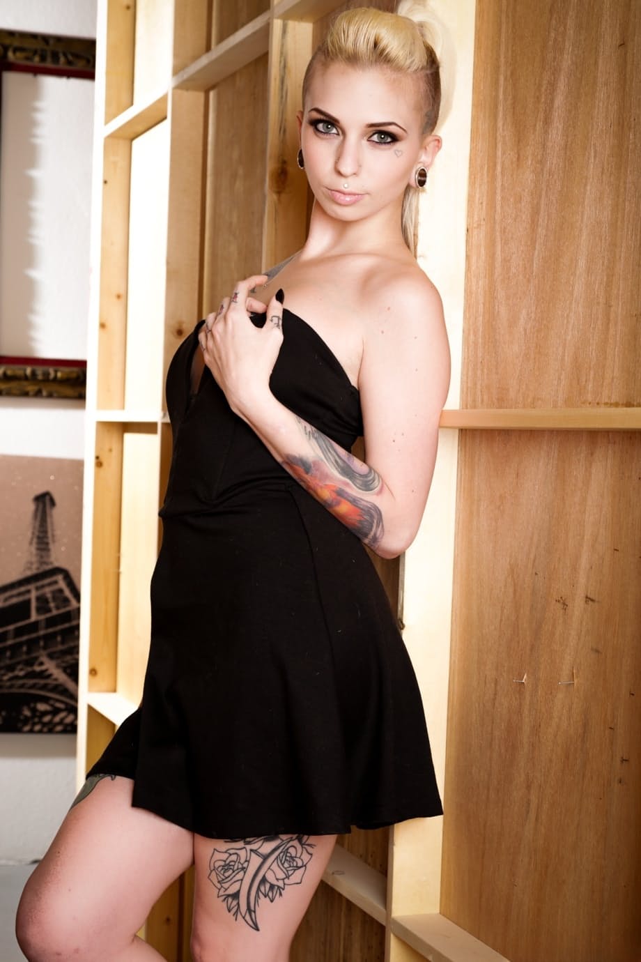 Seductive Sierra Cure teases in heels slowly peeling away black lace to bare flawless inked skin - 5