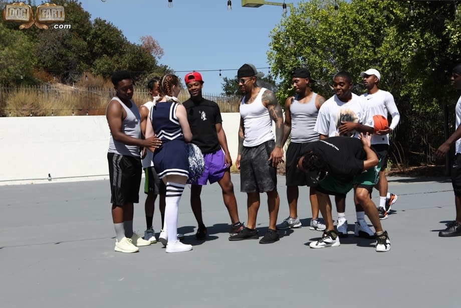 KayBee tattooed cheerleader pounded hard by BBC gangbang - 7