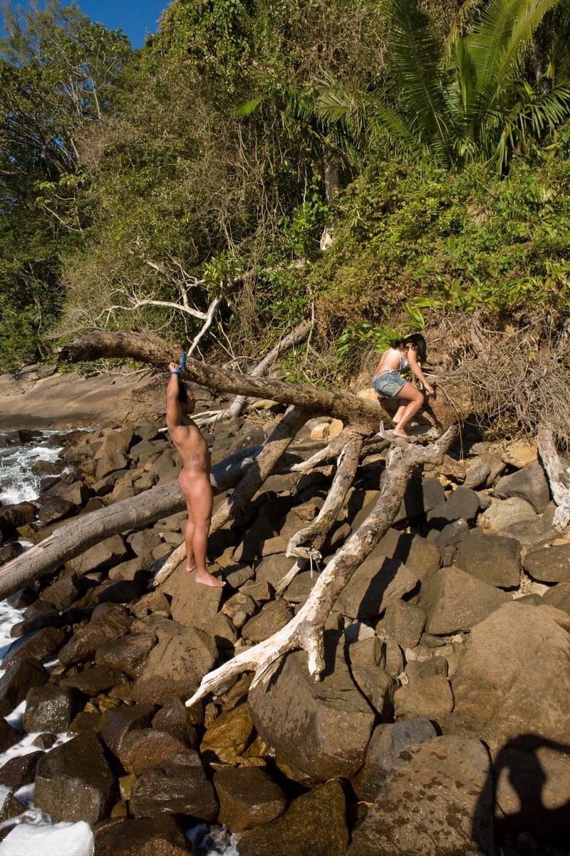 Dominant shemale devouring a bound guy's rock-hard dick outdoors