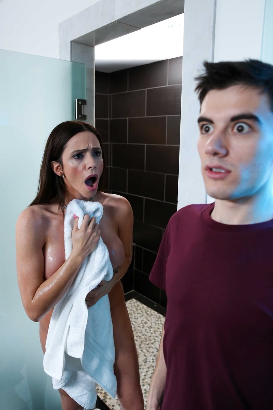 Hot mom Ariella Ferrera soaps big tits to titty fuck stepson in bathroom bang