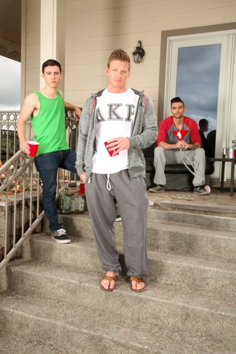 College boy Cole Christiansen enjoying an anal threesome with stocky gay men