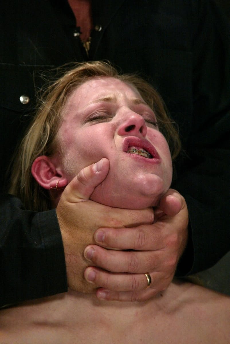 Leah Luv as small-titted tied-up braces-wearing submissive slave toyed intensely while bound tightly to a chair - 15