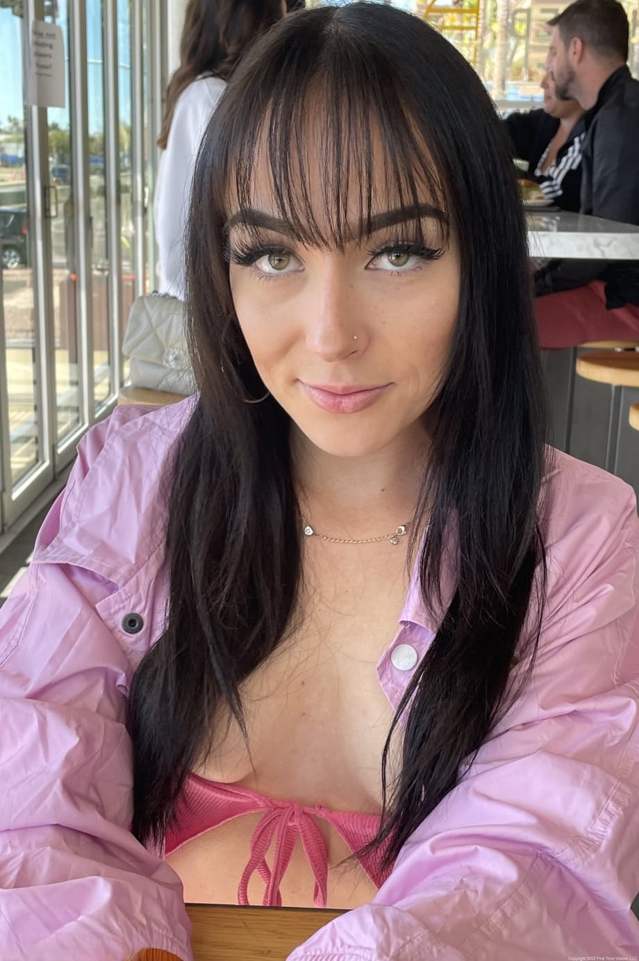 Lilli's seductive amateur flash inside restaurant exposing perky hard nips through tight clothes - 19