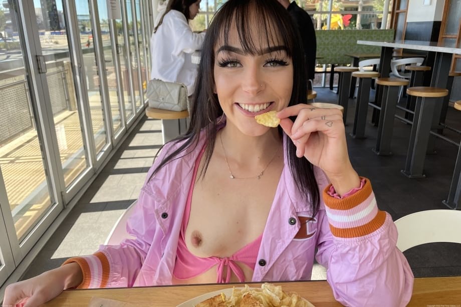 Lilli's seductive amateur flash inside restaurant exposing perky hard nips through tight clothes - 21