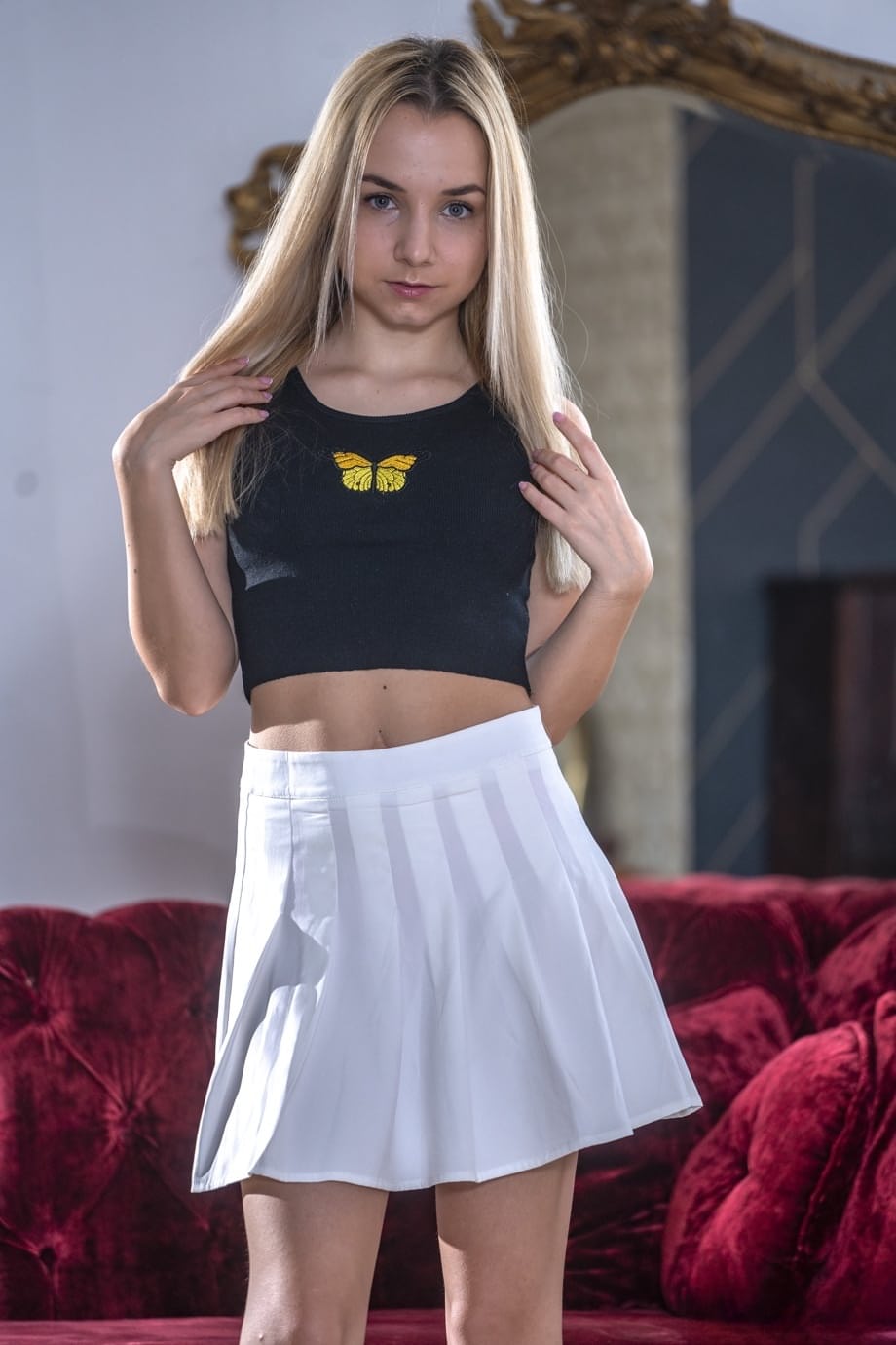 Petite pornstar Mona Blue exposes her slim figure and gets fucked hard