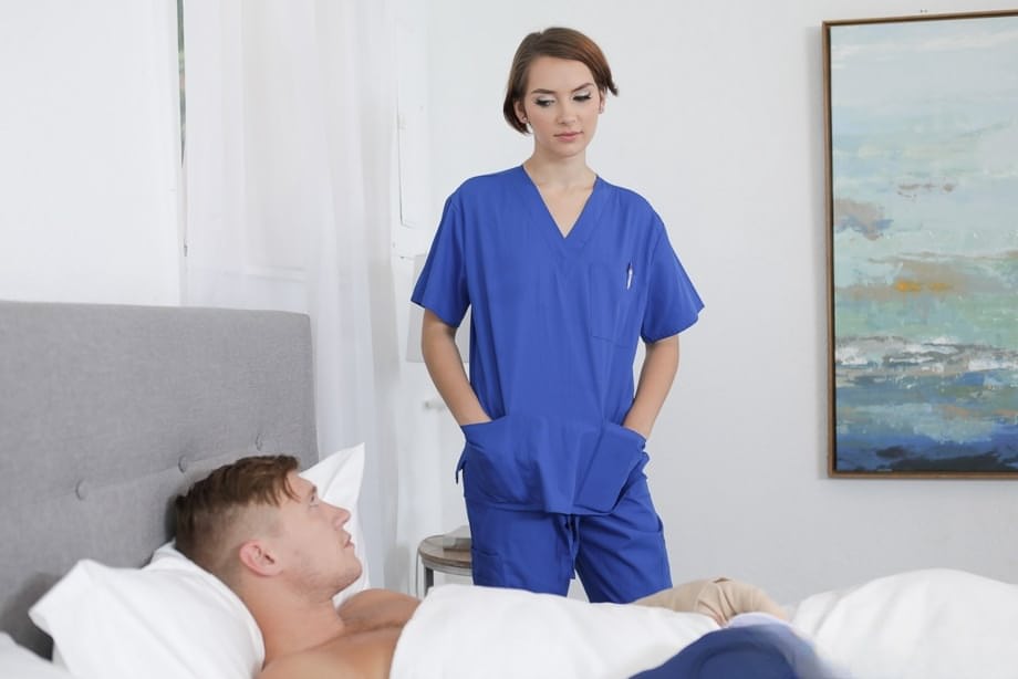 Brunette nurse Natalie Porkman deepthroats and rides Oliver Flynn on hospital bed - 4