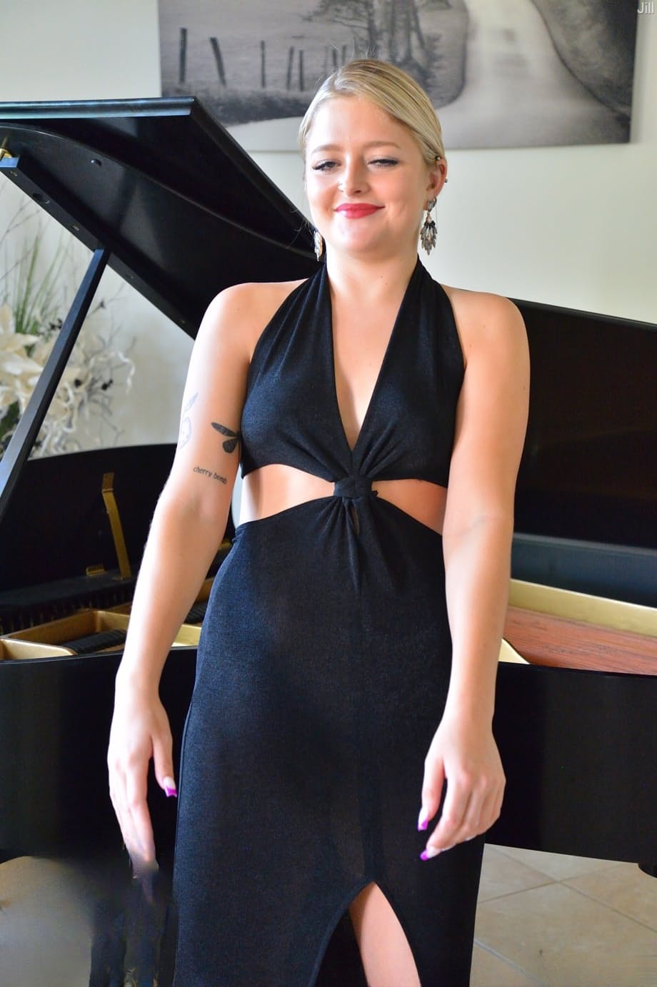 Naked Jill Taylor pleasures herself with a thick white dildo on the grand piano - 2