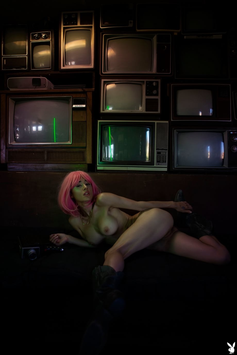 Noel Leon seductive pink hair, luscious big tits stripping and teasing before TVs - 17