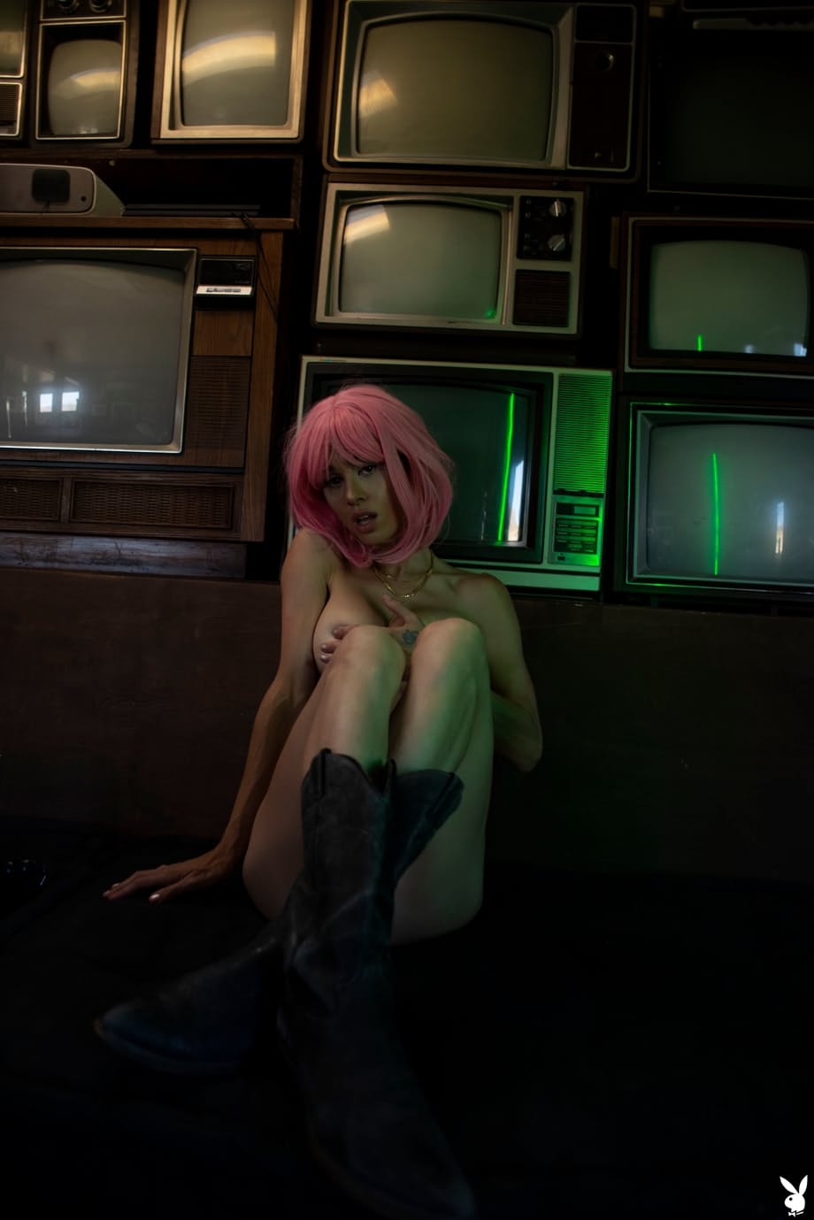 Noel Leon seductive pink hair, luscious big tits stripping and teasing before TVs - 19
