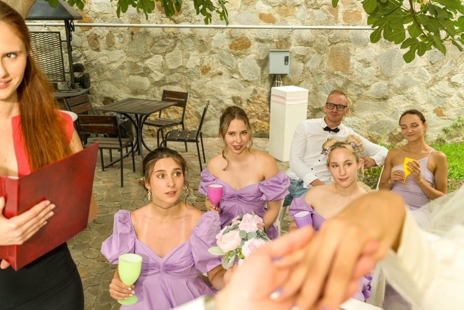 Alice Ross as filthy blonde bride sloppily kissing best man while taking his hard cock in white stockings - 4
