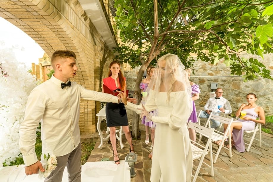 Alice Ross as filthy blonde bride sloppily kissing best man while taking his hard cock in white stockings - 6