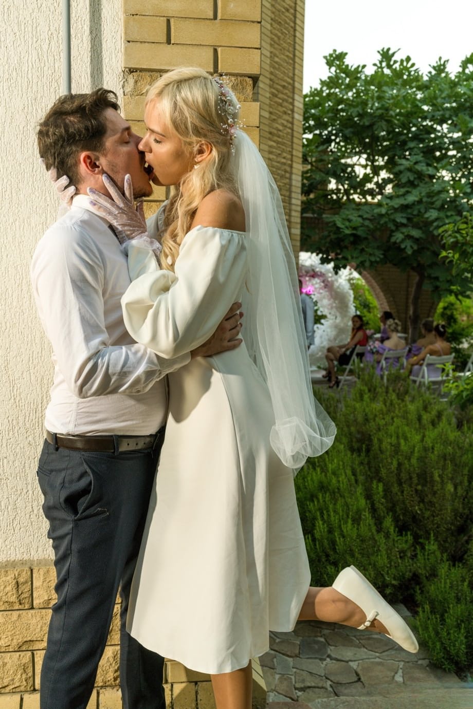 Alice Ross as filthy blonde bride sloppily kissing best man while taking his hard cock in white stockings - 10
