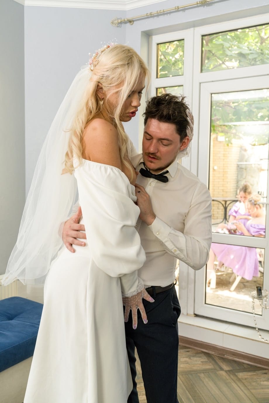 Alice Ross as filthy blonde bride sloppily kissing best man while taking his hard cock in white stockings - 12