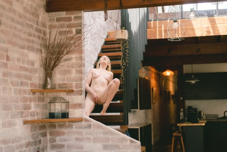 Exquisite Charlie Forde stuns naked on staircase with fingers deep inside dripping pussy - 17