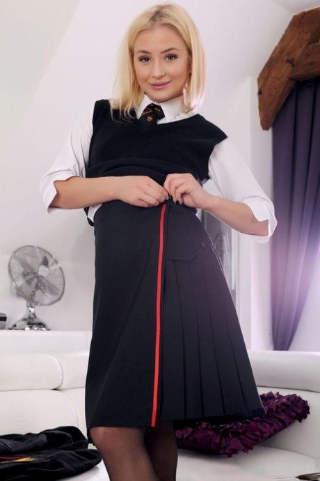 Cayla Lyons naked schoolgirl strips in tiny uniform to spread her pink - 14