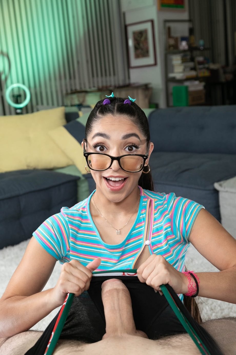 Petite Latina girl Madison Wilde gives a POV blowjob in eyeglasses