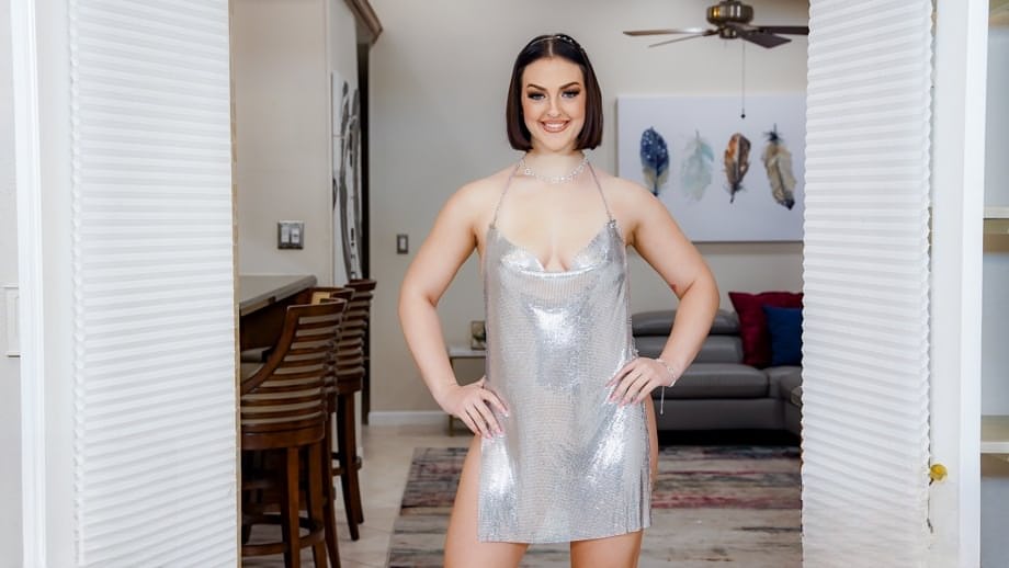 Lewd brunette Lucy Lotus seduces in a cocktail dress before wild hard fuck - 1