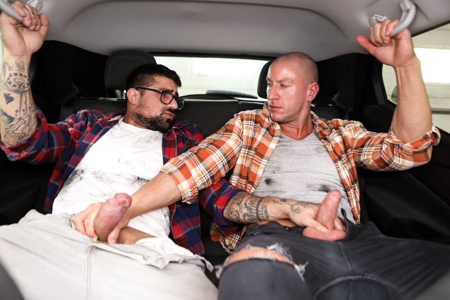 Mature men Cam Crawford & Alex Duca have homosexual sex in a garage