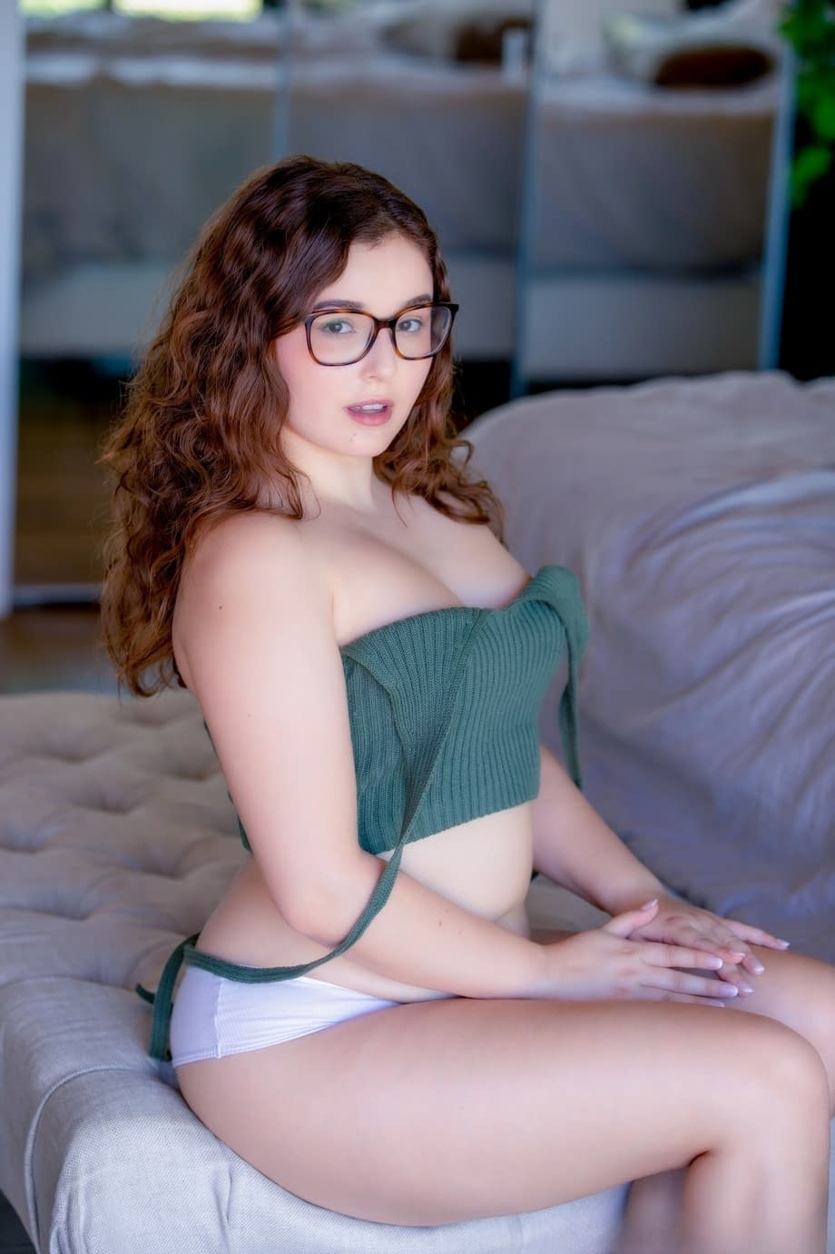 Sexy amateur with glasses Leana Lovings blows and screws her stepbrother